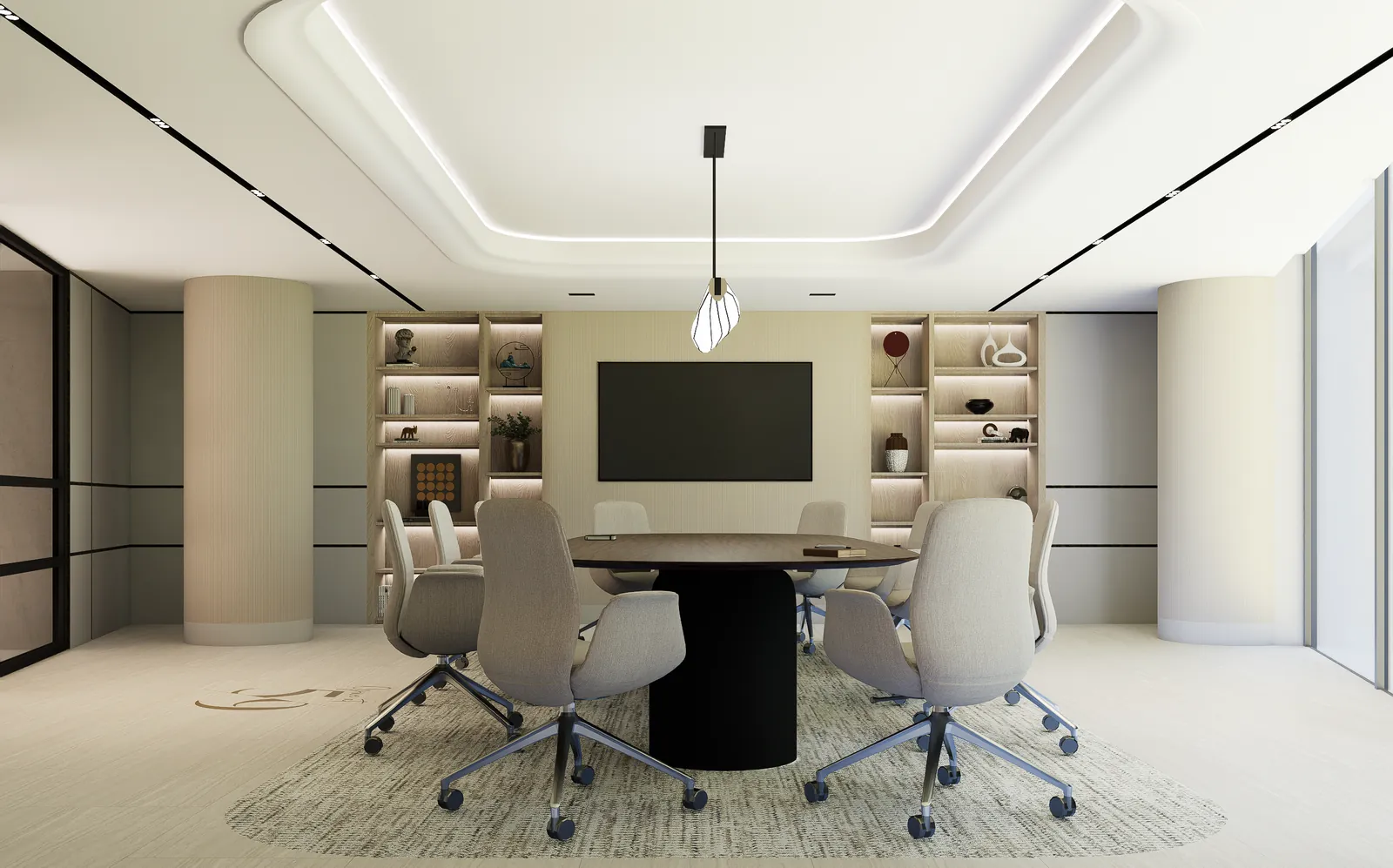 Conference room with oval table, upholstered chairs and lit display shelving