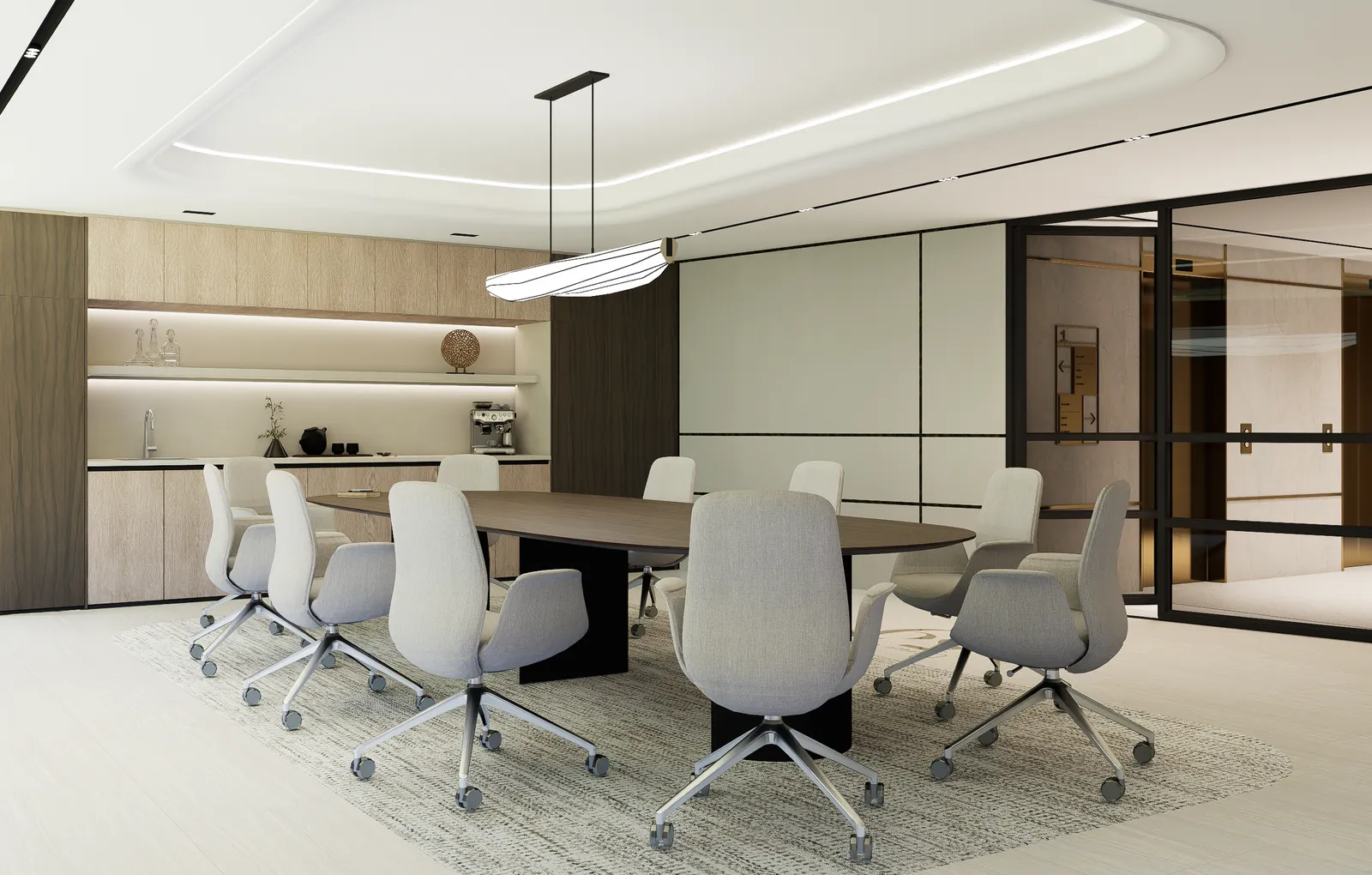 Conference suite with oak millwork, coffee bar and glass-walled entry