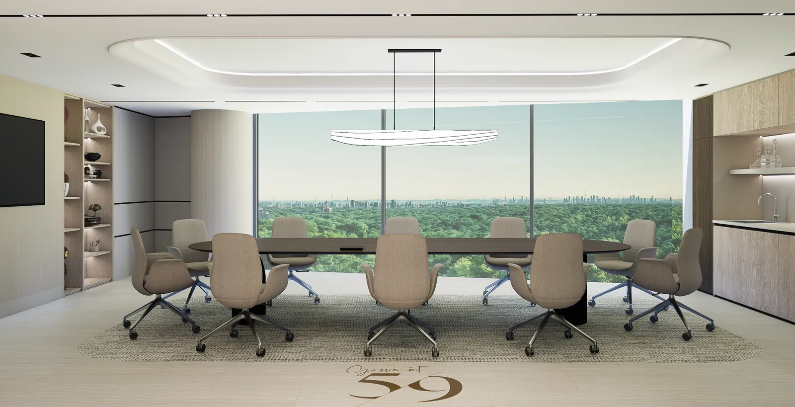Boardroom with floor-to-ceiling windows and a distant Manhattan skyline