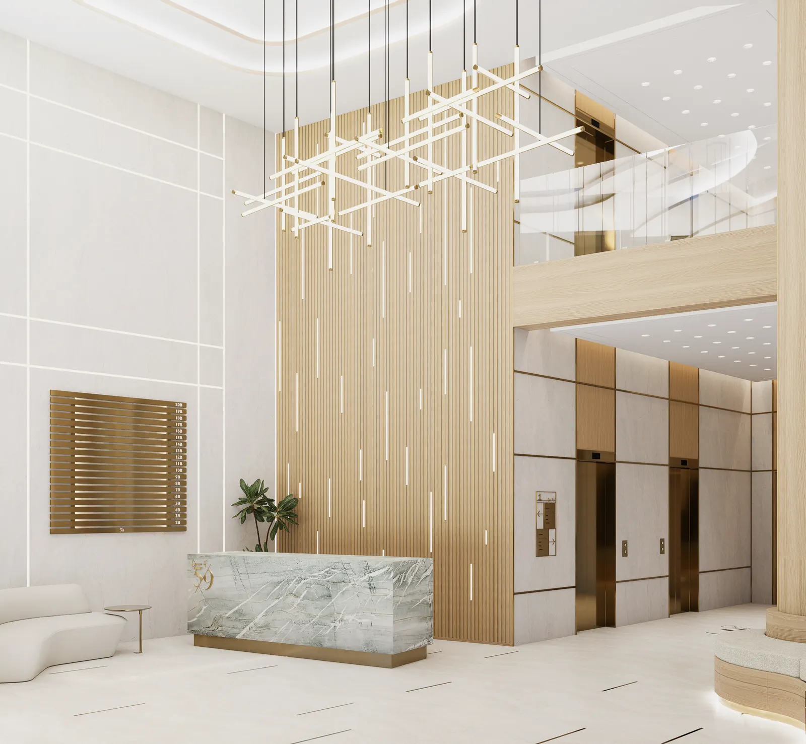Marble reception desk before a fluted oak wall in the double-height lobby